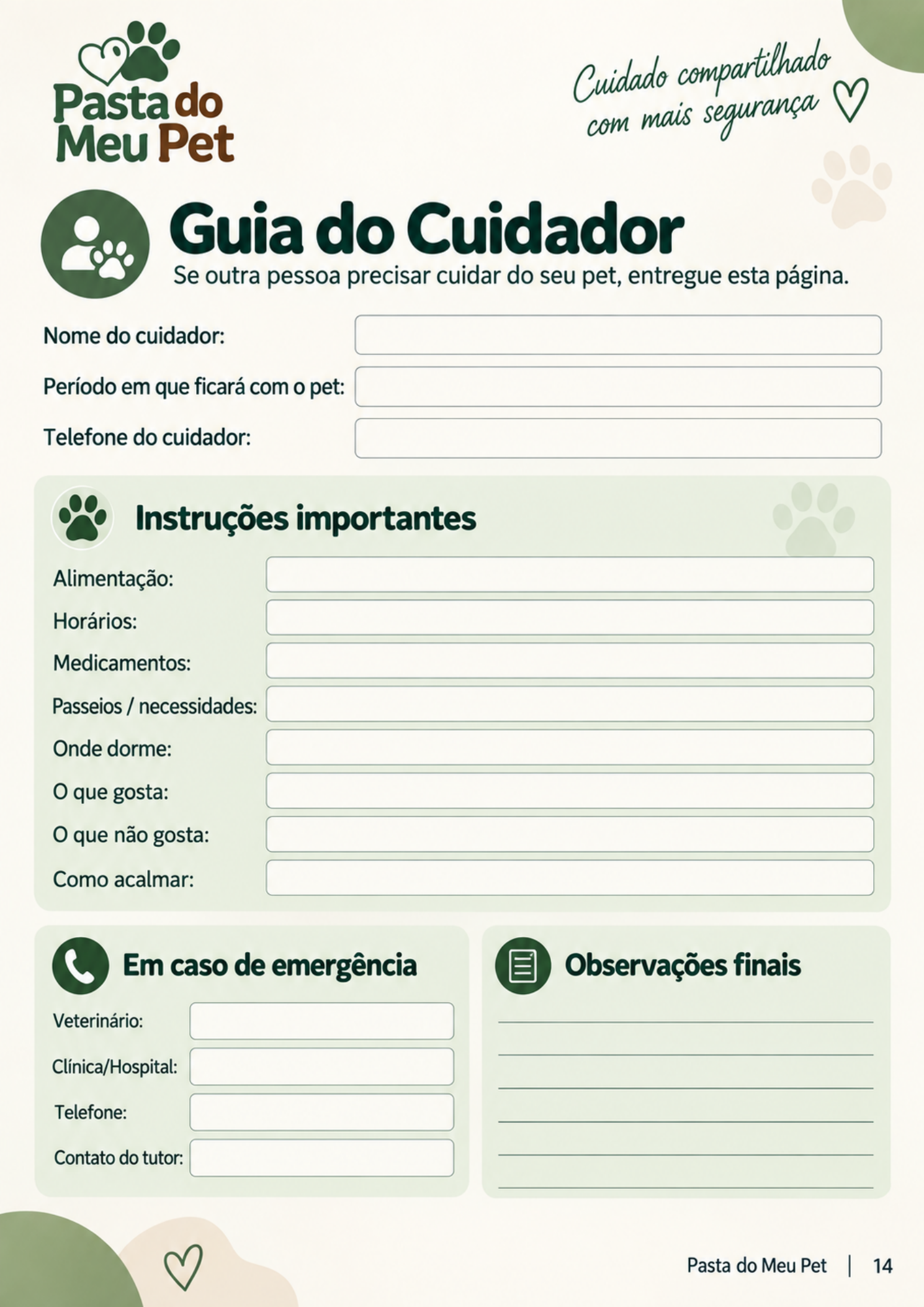 Guia do cuidador do organizador